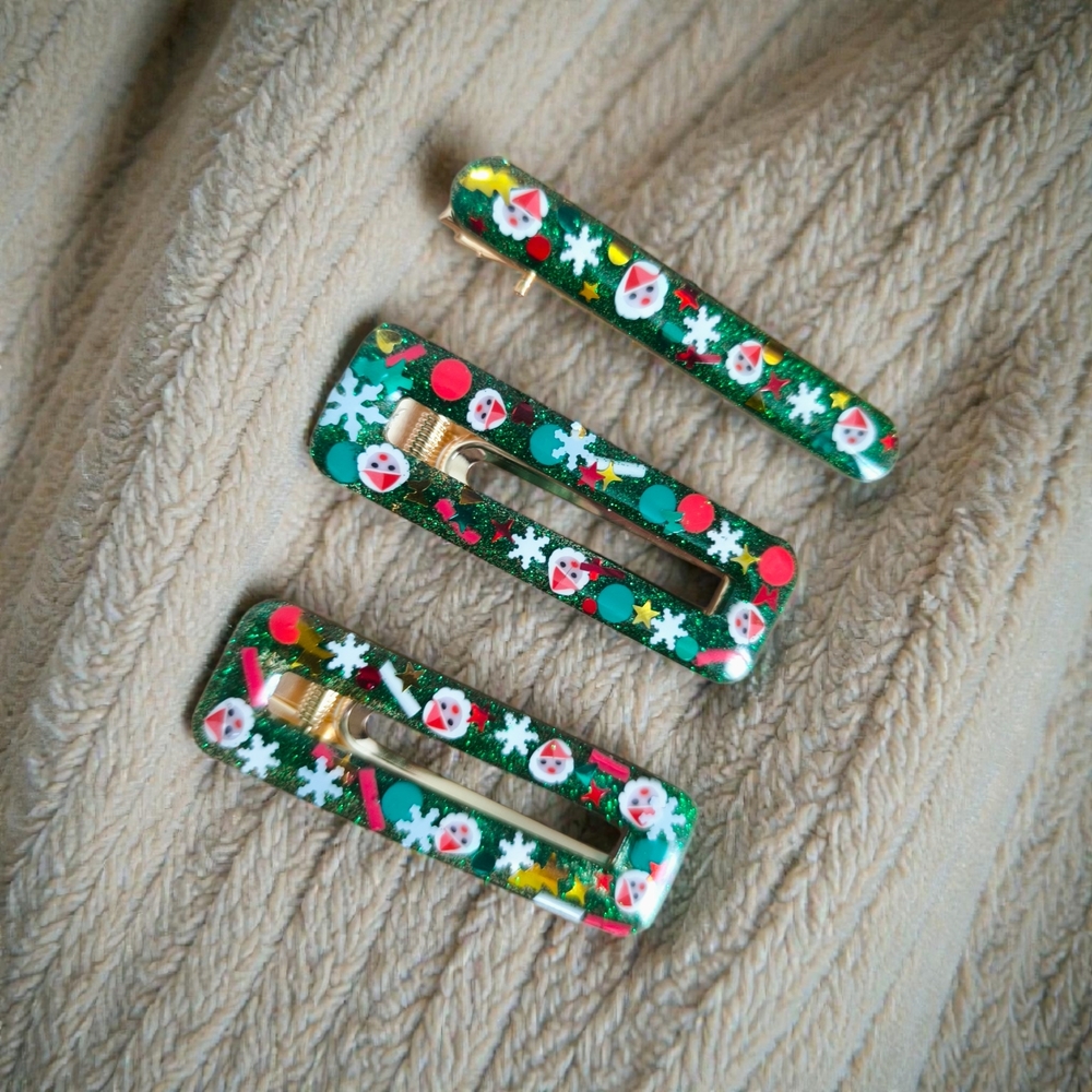 Festive Christmas Green Glitter  Hair Clips Set 3pcs Handmade